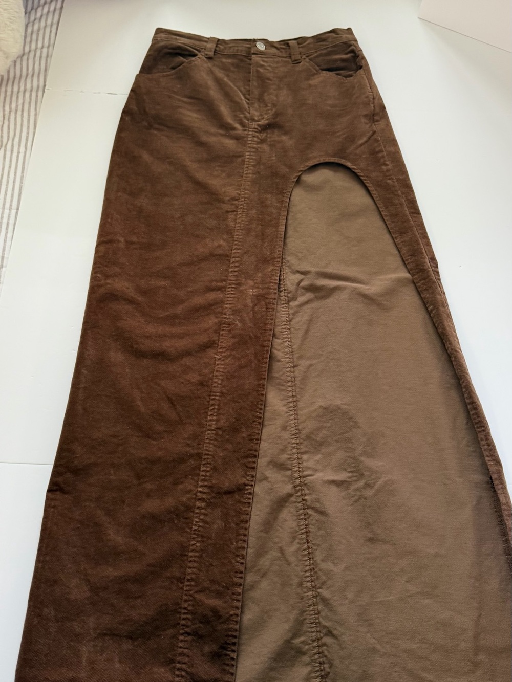 Amazing Lace Brown Maxi Corduroy Skirt with High Side Slit